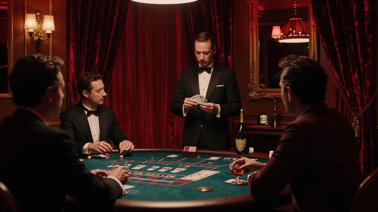 Silent high-stakes baccarat game in Monaco's exclusive casino room with red lighting and velvet curtains.
