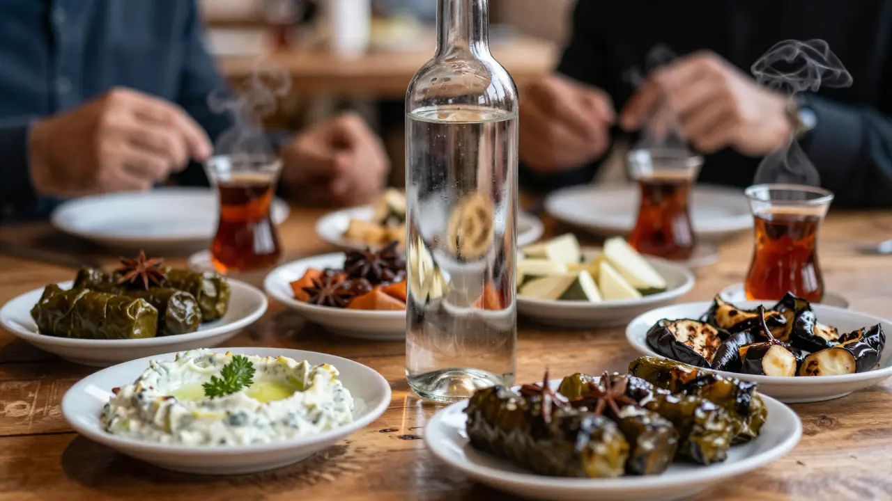 Table set with Turkish raki, meze plates, and tea glasses.