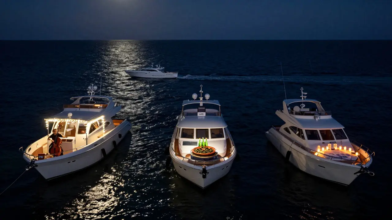 Three private yachts at sea, each hosting a unique midnight experience under moonlight.
