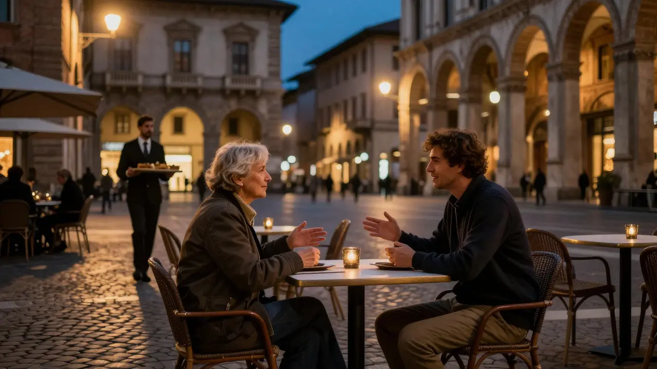 Traveler and local chatting at outdoor cafe table in Milan.