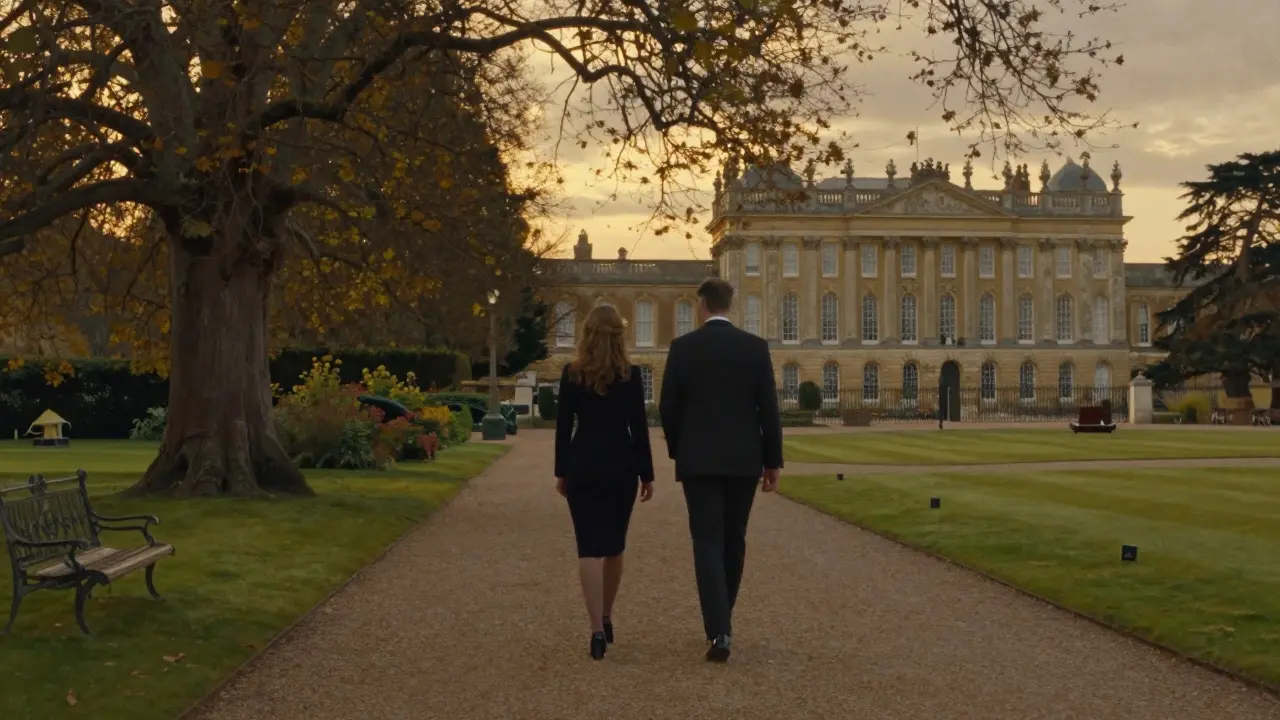 Two figures walking peacefully through Kensington Palace gardens at sunset, surrounded by trees and soft light.