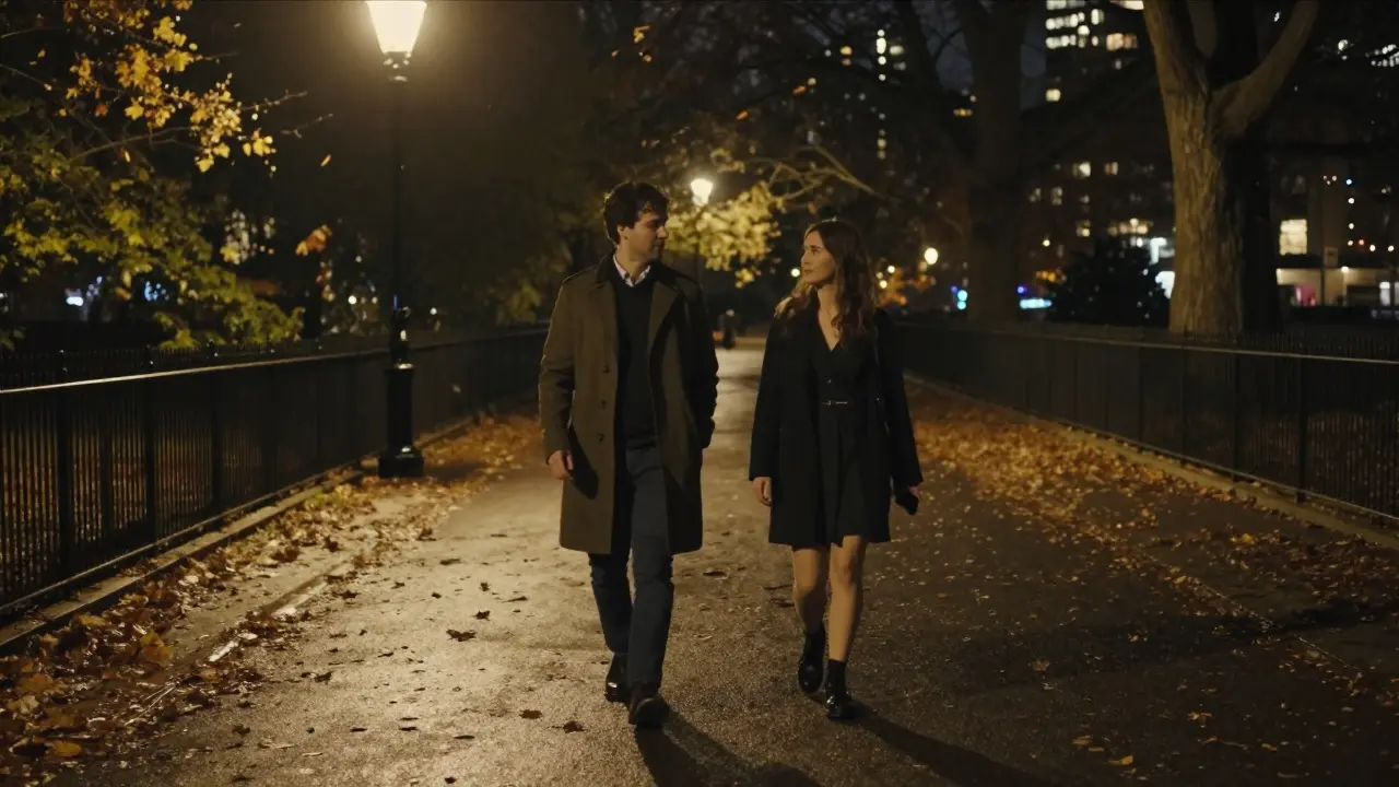 Two figures walking silently through Hyde Park at night, shadows long under streetlamps.