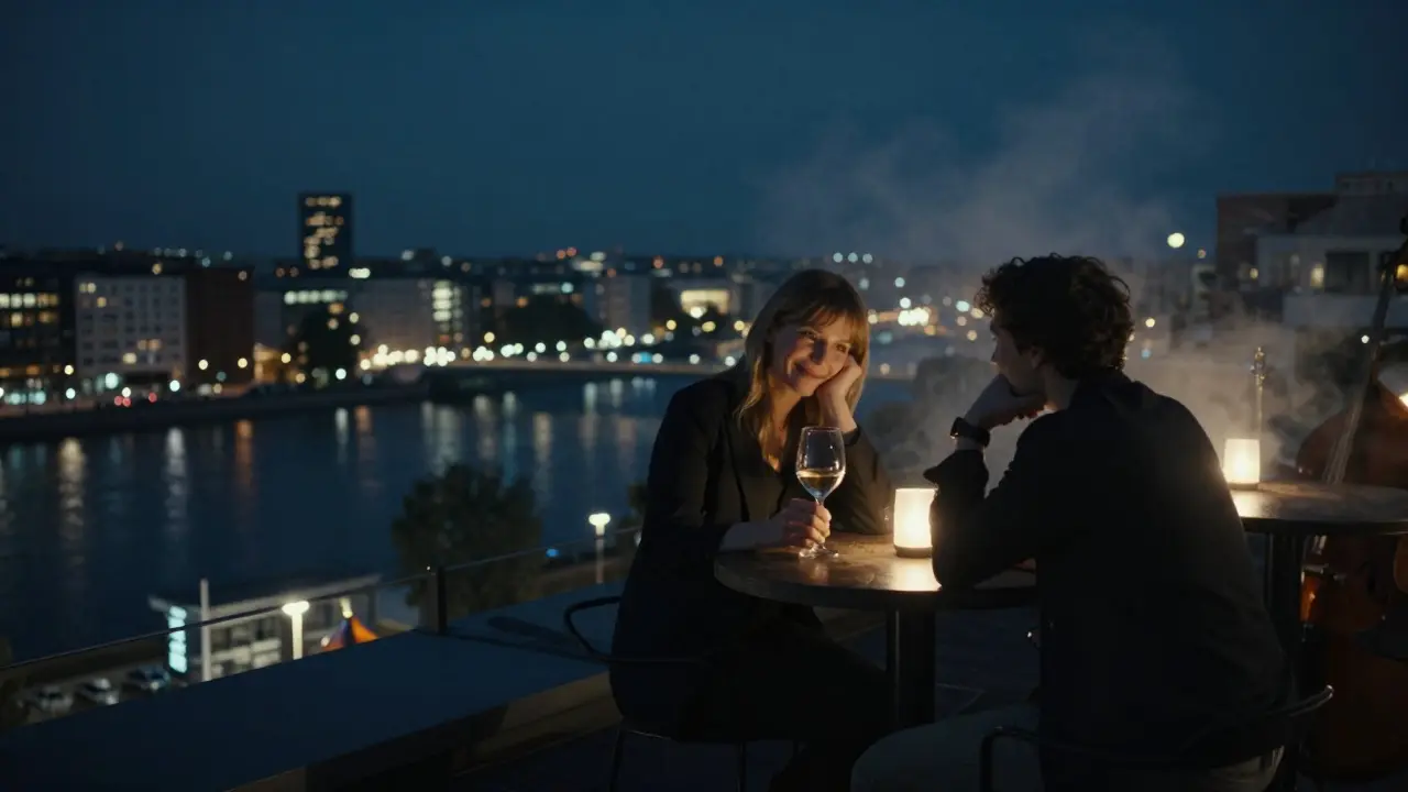 Two individuals enjoy a tranquil moment on a Berlin rooftop bar at night, city lights reflecting on the river below.