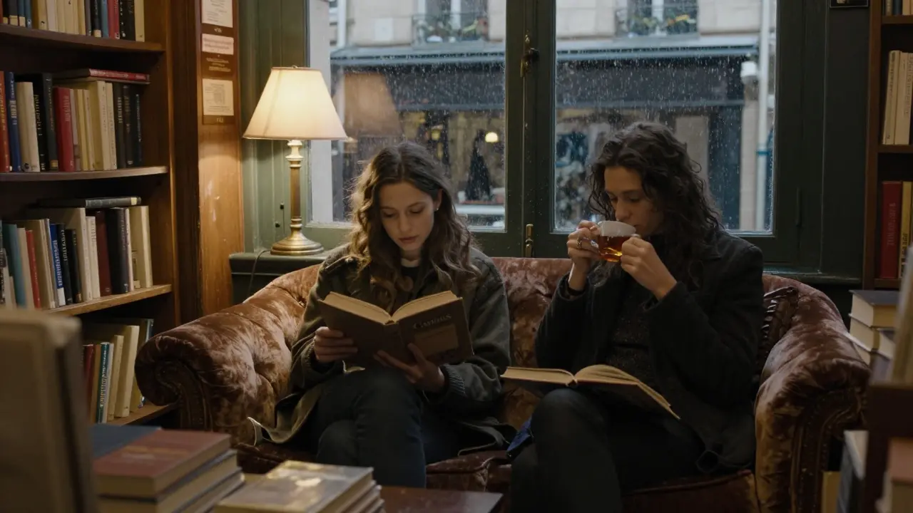 Two individuals in a quiet Paris bookstore at night, reading together under a warm lamp amid shelves of classic literature.
