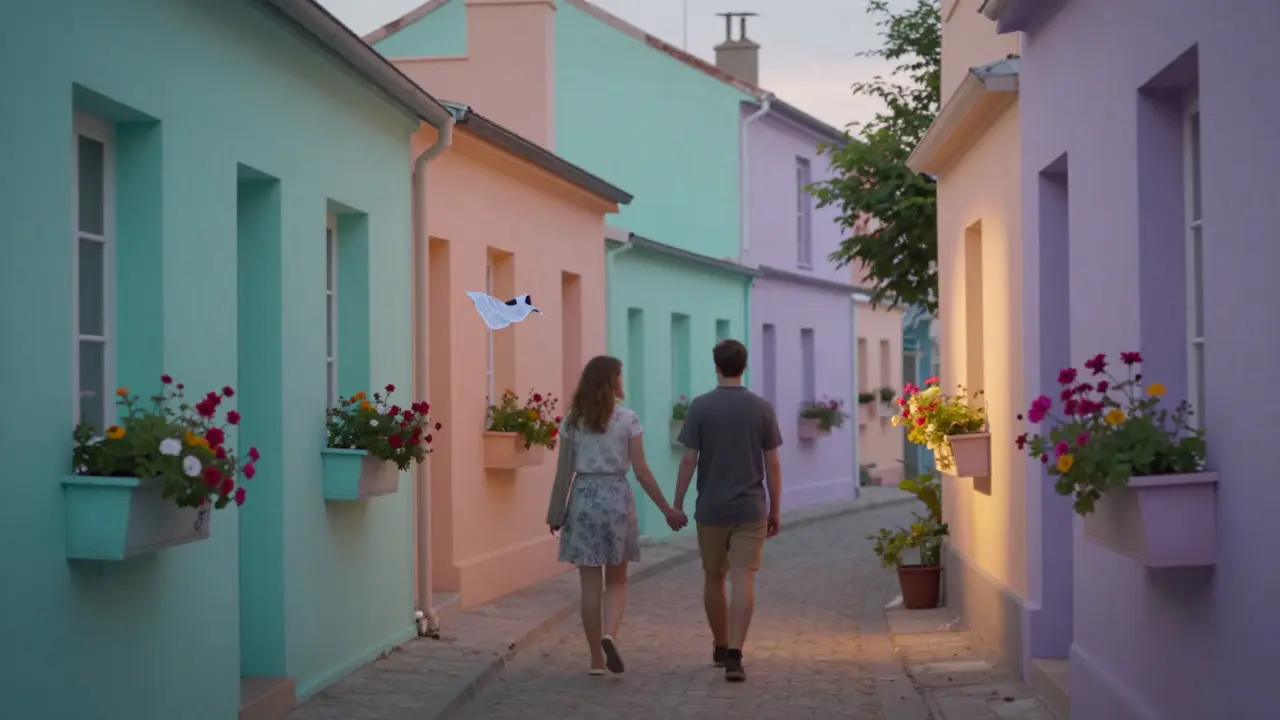 Two individuals walking hand in hand down the colorful, flower-lined Rue Crémieux as paper drifts in the breeze.