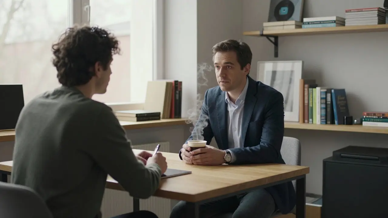 Two people share a quiet conversation over coffee in a discreet Berlin studio, surrounded by books and natural light.