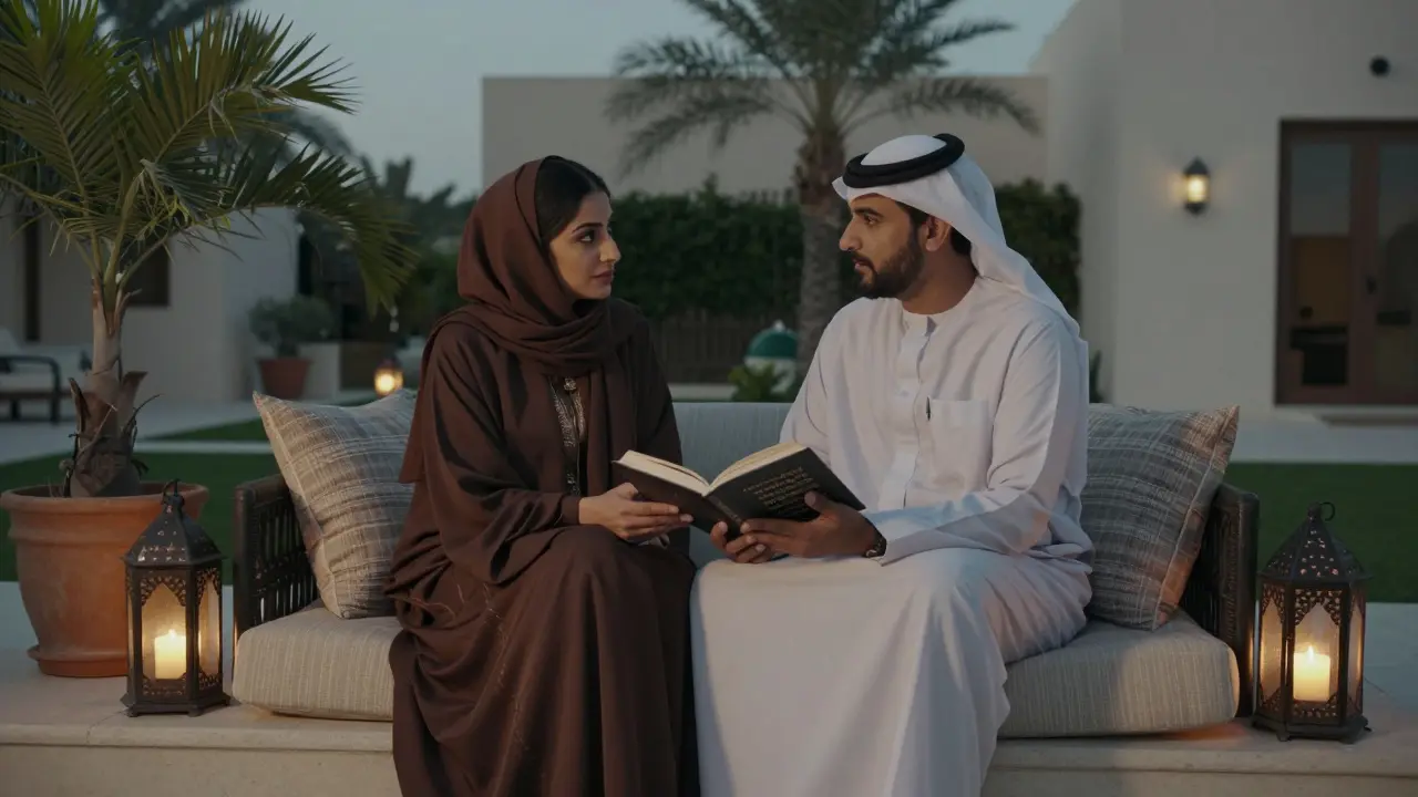Two people sharing a quiet moment over Emirati poetry in a private garden villa at twilight.