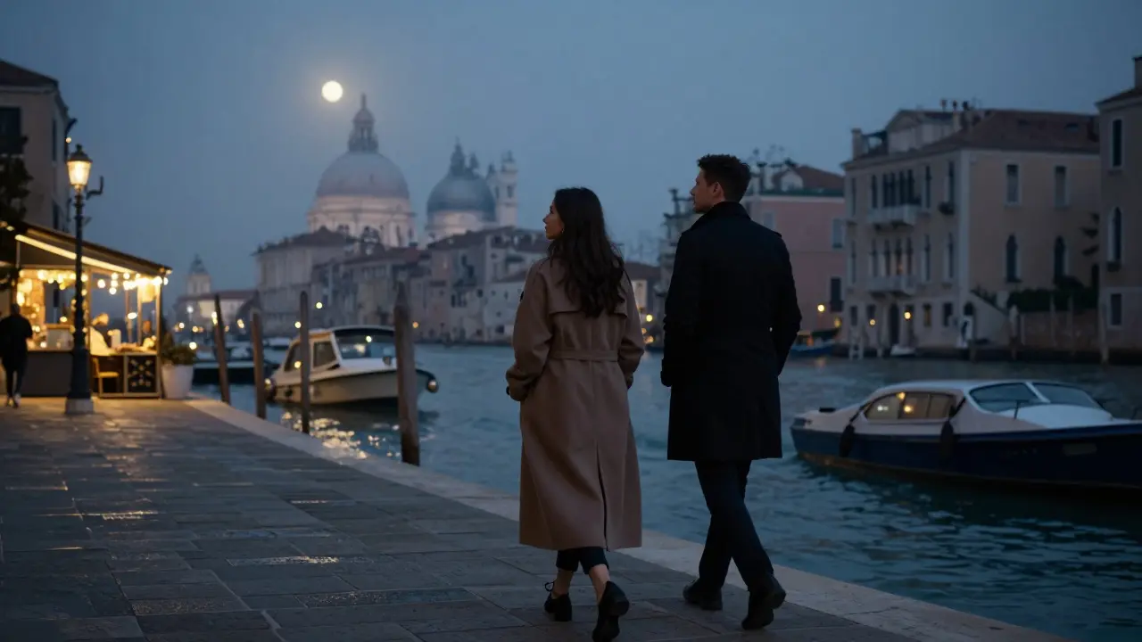 Two silhouettes walking peacefully along the Navigli canal at dusk, with the Duomo in the distance.