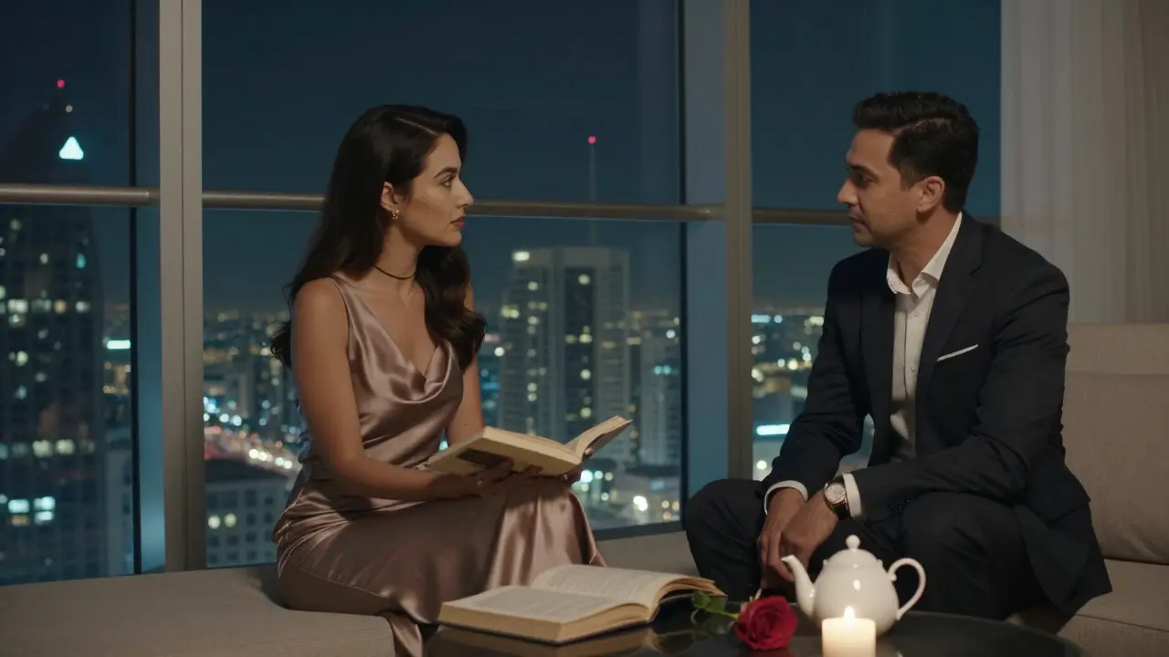 Two well-dressed individuals in a Dubai penthouse lounge, engaged in thoughtful dialogue beside a city view window.