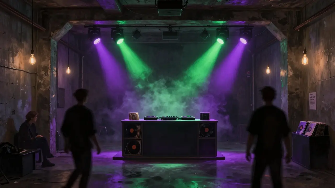 Underground club with DJ booth and neon lighting