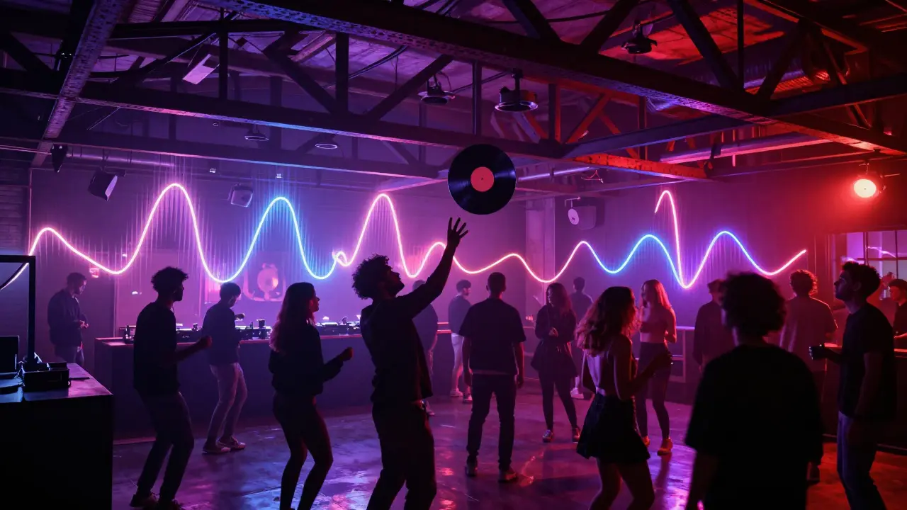 Underground club with pulsing neon bass waves and diverse dancers in an industrial space, vivid purple and crimson lighting.