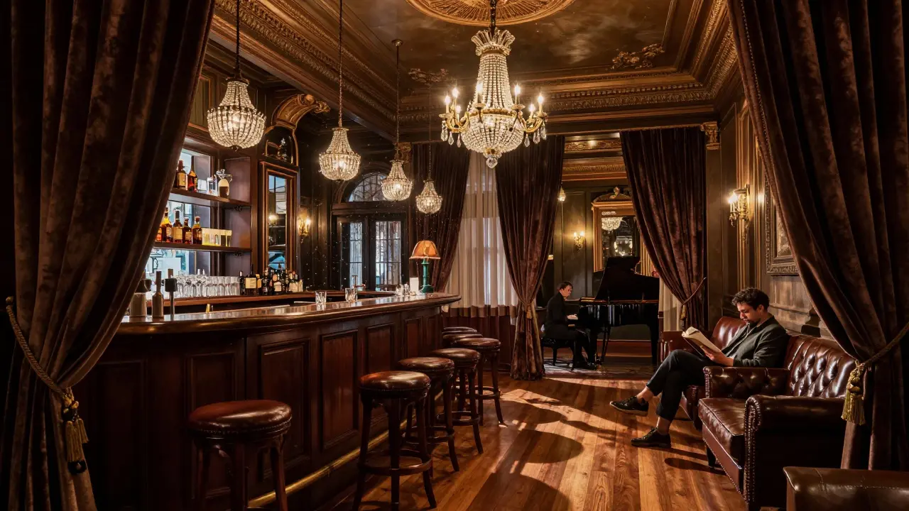 Upscale historic lounge interior with velvet drapes and dim chandelier light