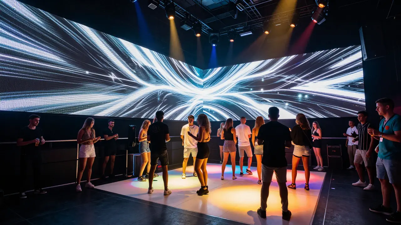 Vibrant club interior with LED wall and floating dance floor, diverse crowd moving to music.