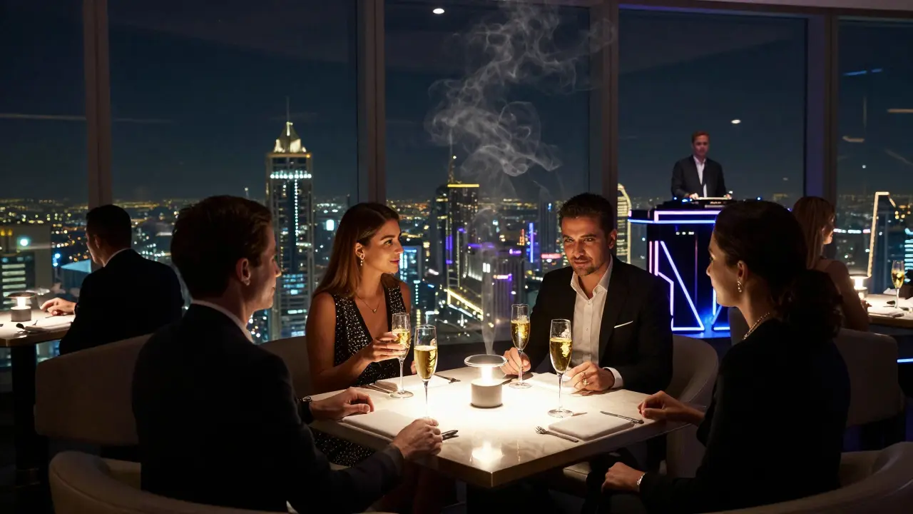 VIP guests at Sky Lounge on the 45th floor, city skyline glowing below, gold-leaf champagne in crystal flutes.